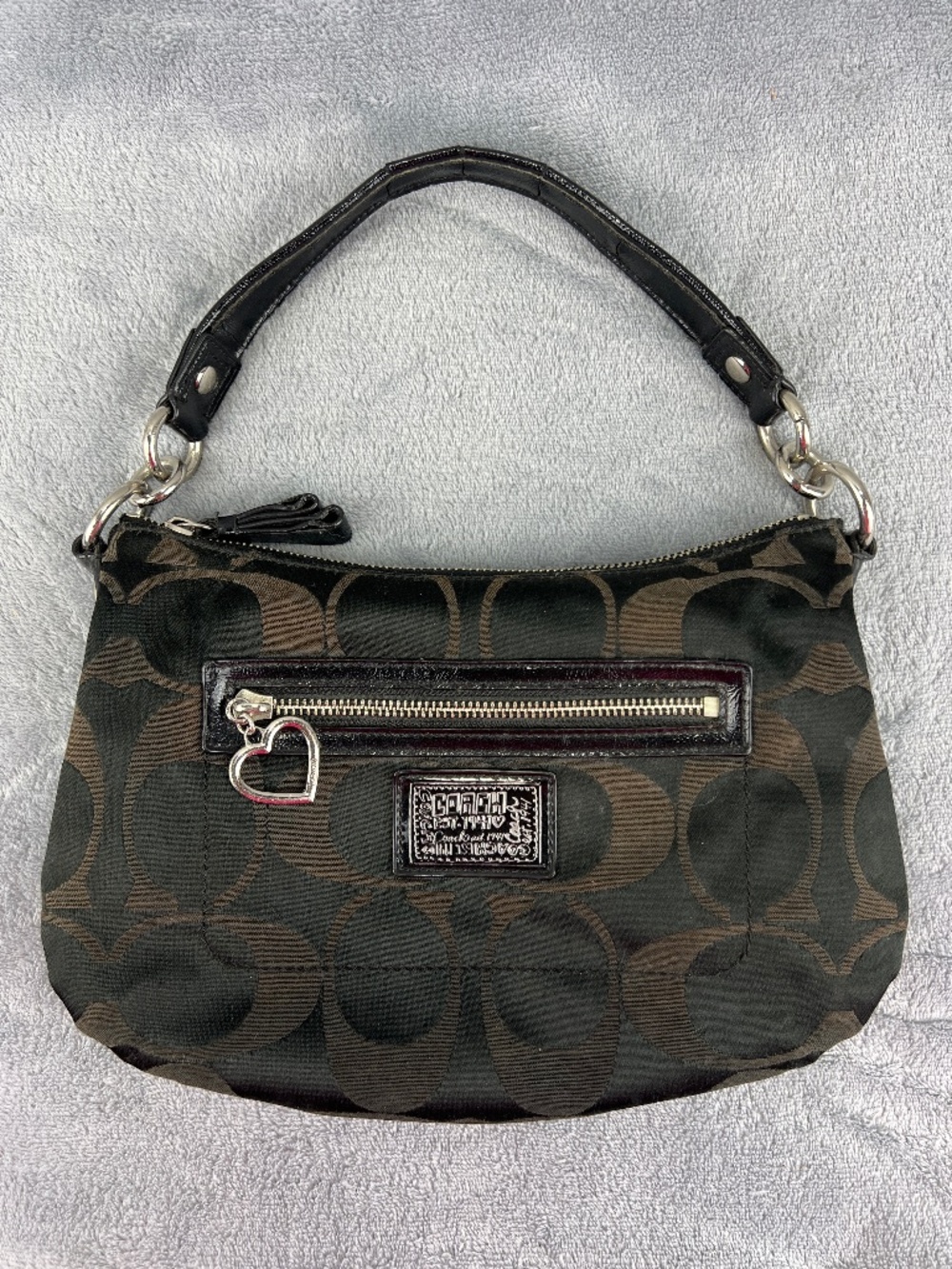 Vintage Coach Purse Poppy Daisy Brown Logo on Black 2010 Handbag Heart Charm